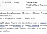 Coles Albury Covid Virus Exposure site