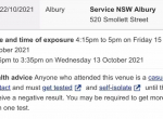 Service NSW Albury Covid Virus Exposure Site